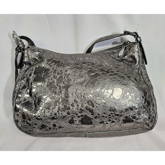 Michael Kors Silver Metallic Textured Patent Leather Logo Charm Shoulder Bag - Picture 2 of 15